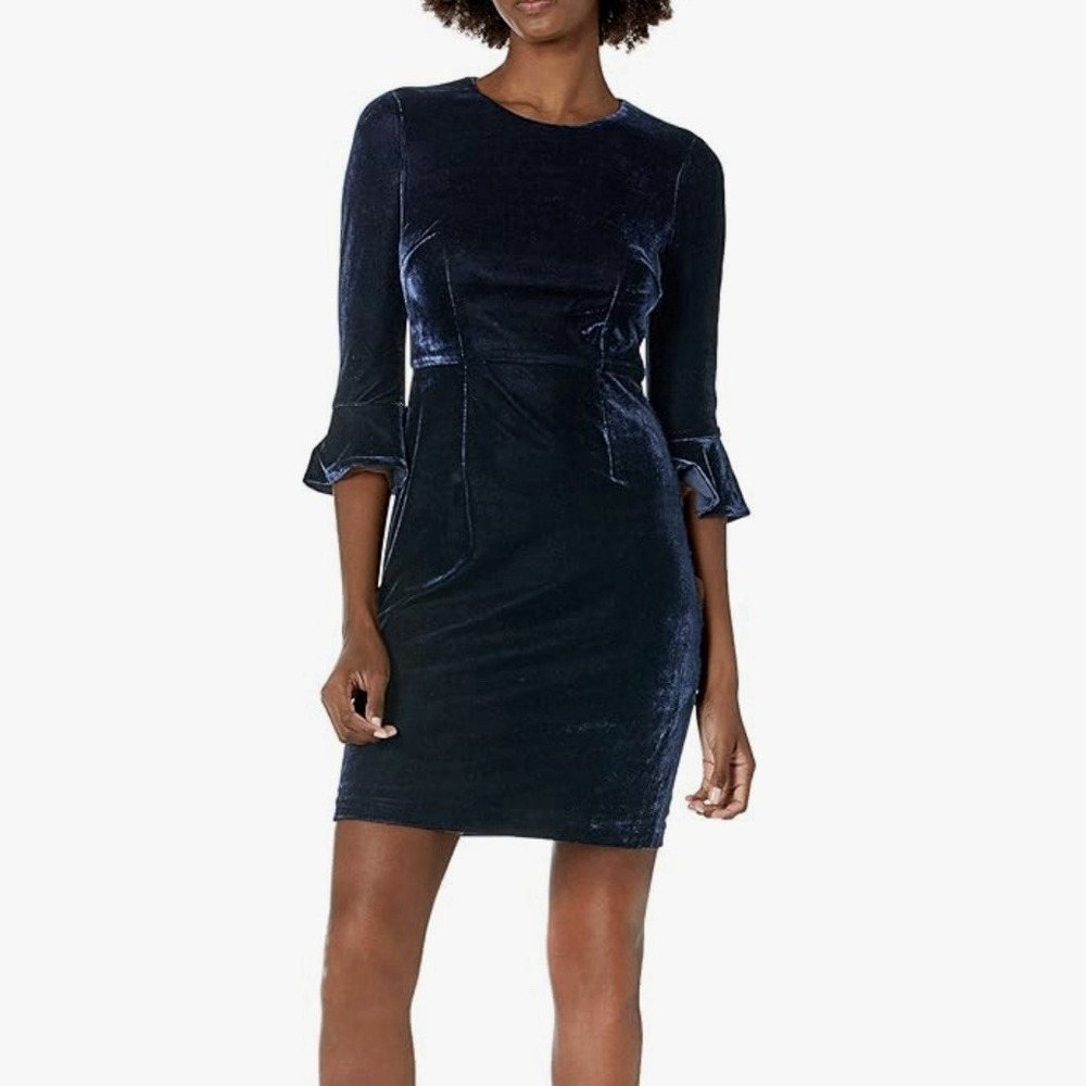 Donna Morgan Women's Navy Velvet Bell Sleeve Sheath Dress Size 6 Whimsical Party